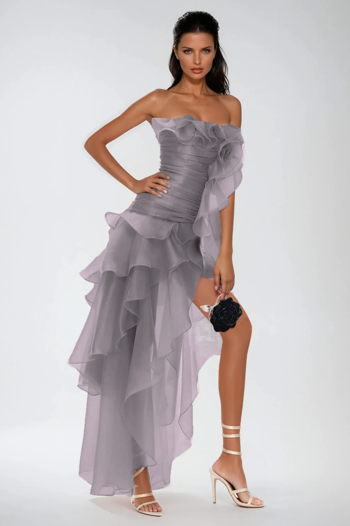 Elizabet Flower Ruch Ruffle Maxi Dress