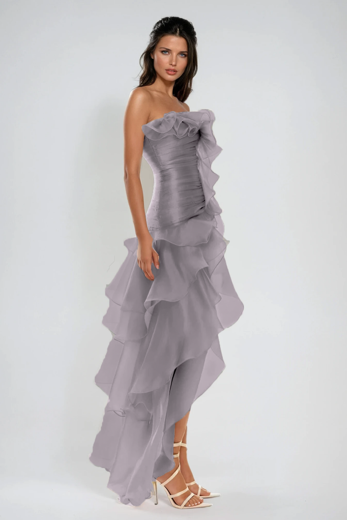 Elizabet Flower Ruch Ruffle Maxi Dress