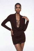 Elkanah Cowl Neck Lace Ruch Mini Dress