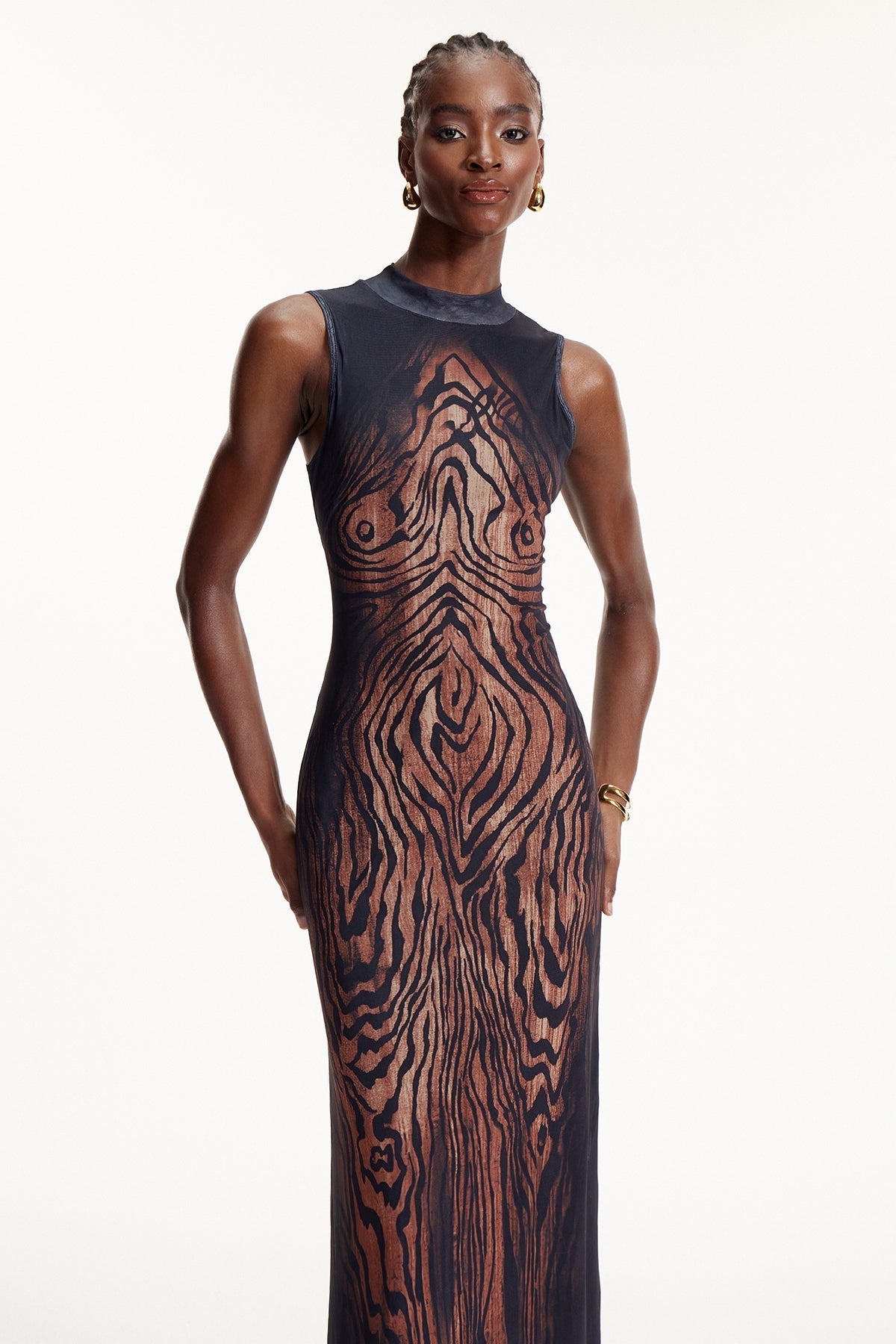 Elo Asymmetric Stripe Mesh Maxi Dress