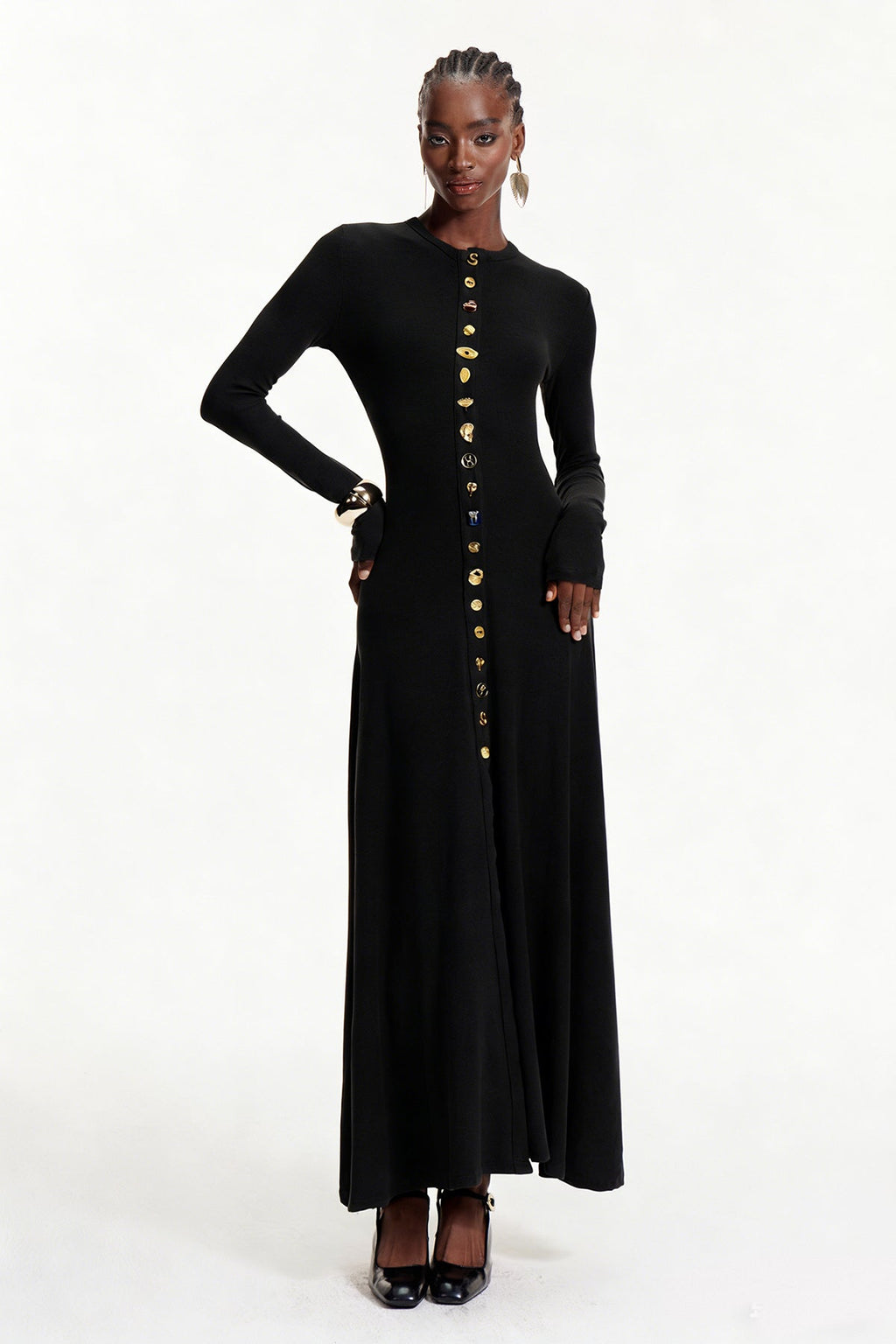 Elodie Button Ruffle Maxi Dress In Black