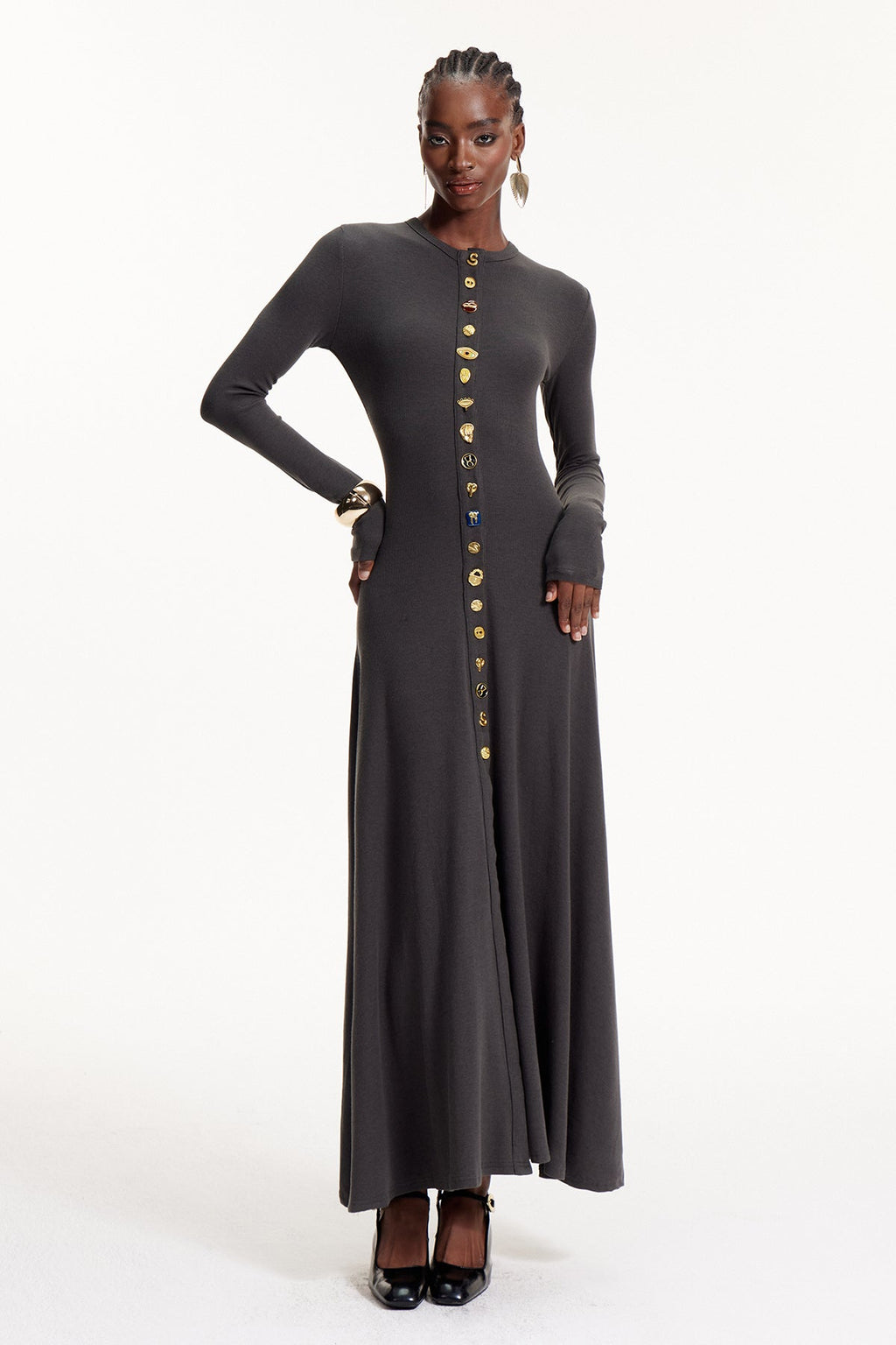 Elodie Button Ruffle Maxi Dress In Grey