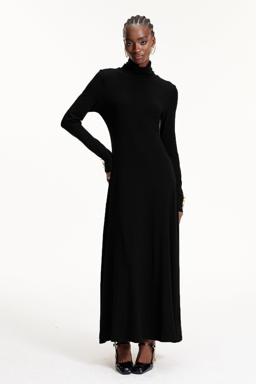 Elodie High Neck Ruffle Maxi Dress In Black