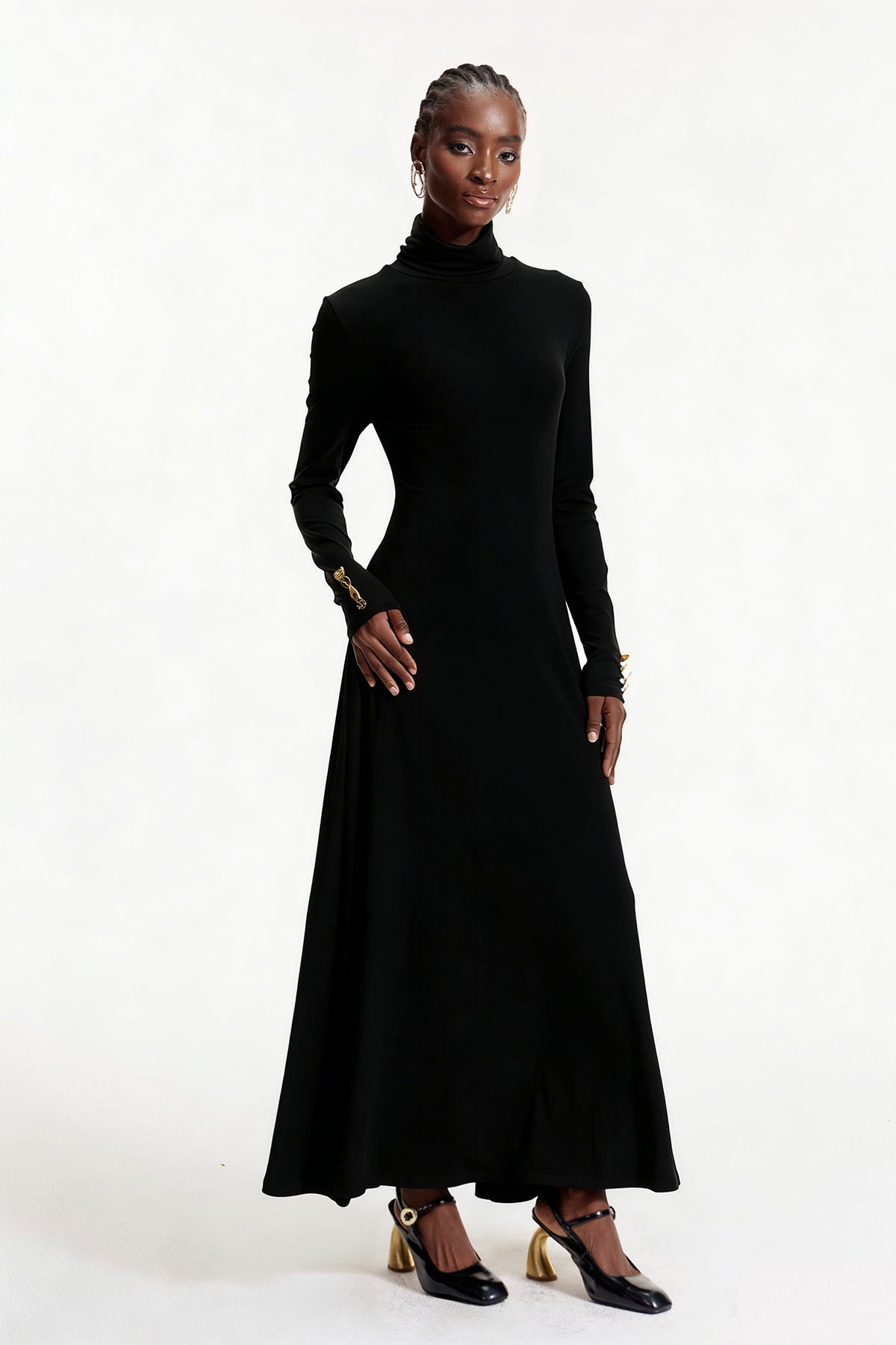 Elodie High Neck Ruffle Maxi Dress In Black
