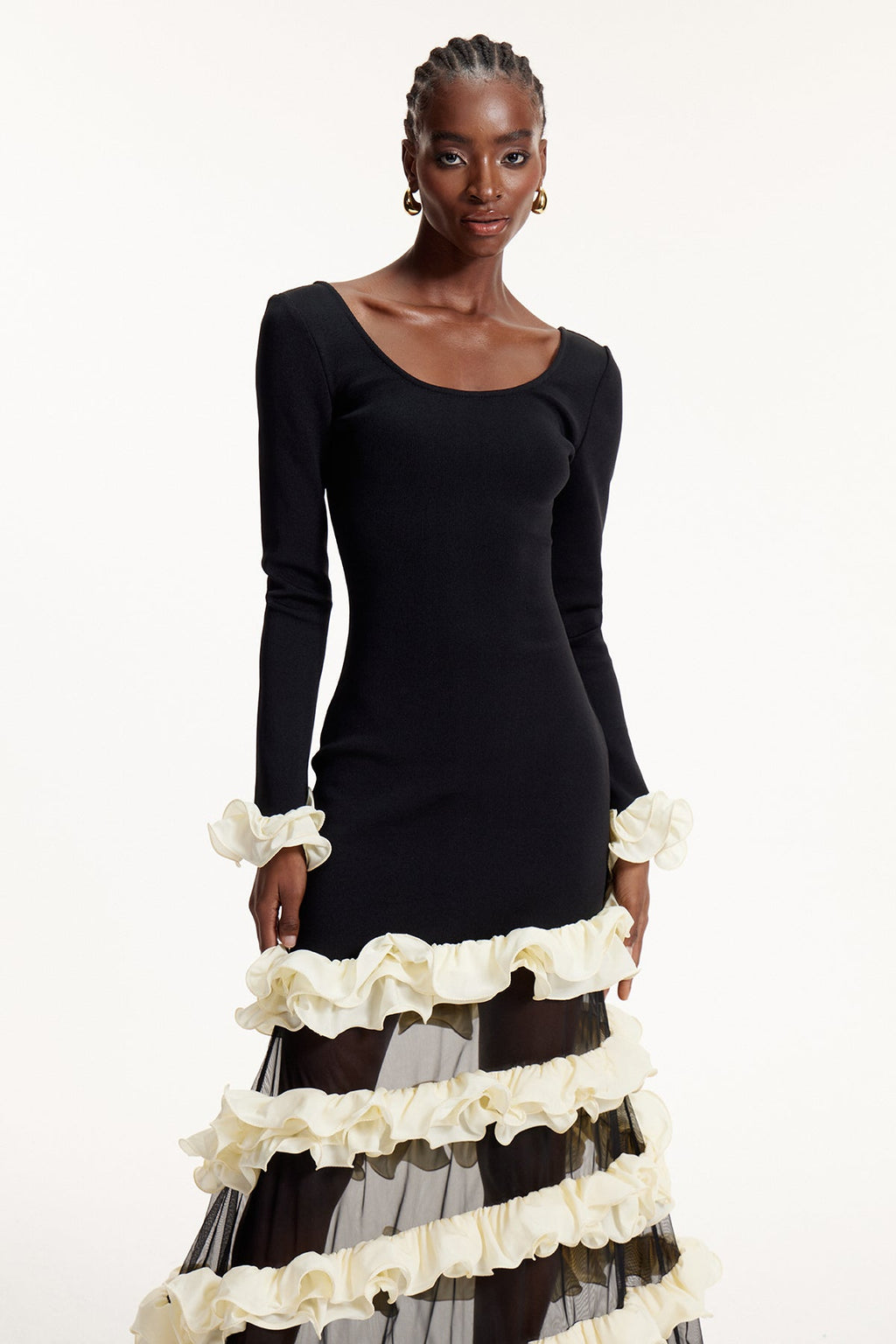 Elvio Asymmetric Mesh Ruffle Maxi Dress