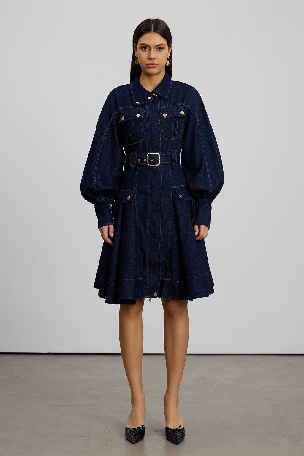 Emerentius Balloon Sleeve Denim Mini Dress In Dark Wash