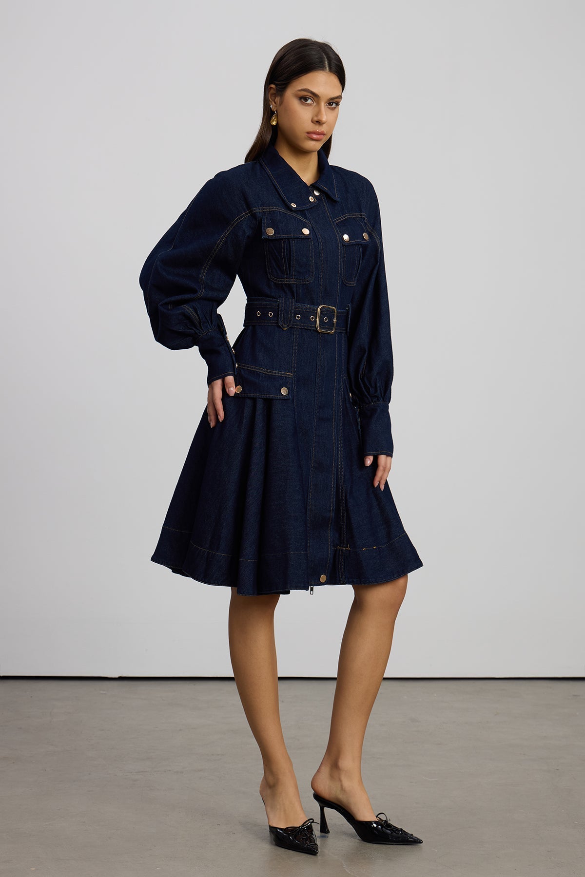 Emerentius Balloon Sleeve Denim Mini Dress In Dark Wash