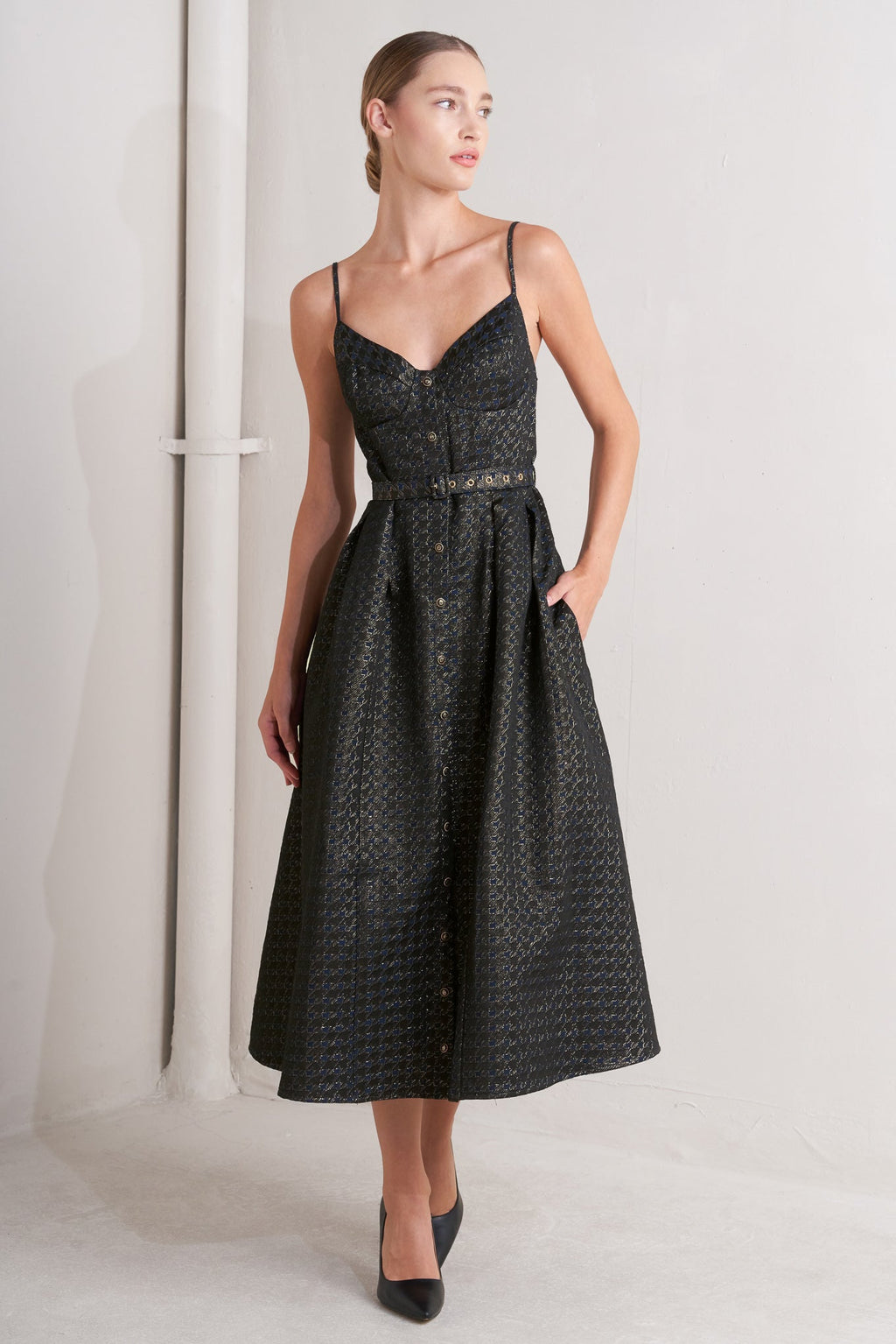NOIR TAPESTRY NAVY & GOLD MIDI DRESS
