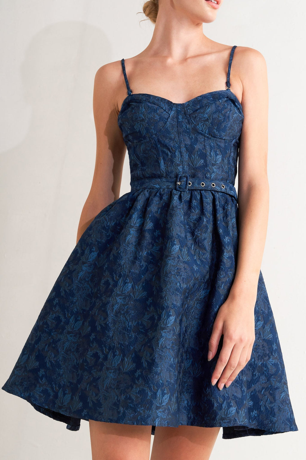 NAVY ROMANCE JACQUARD MINI DRESS