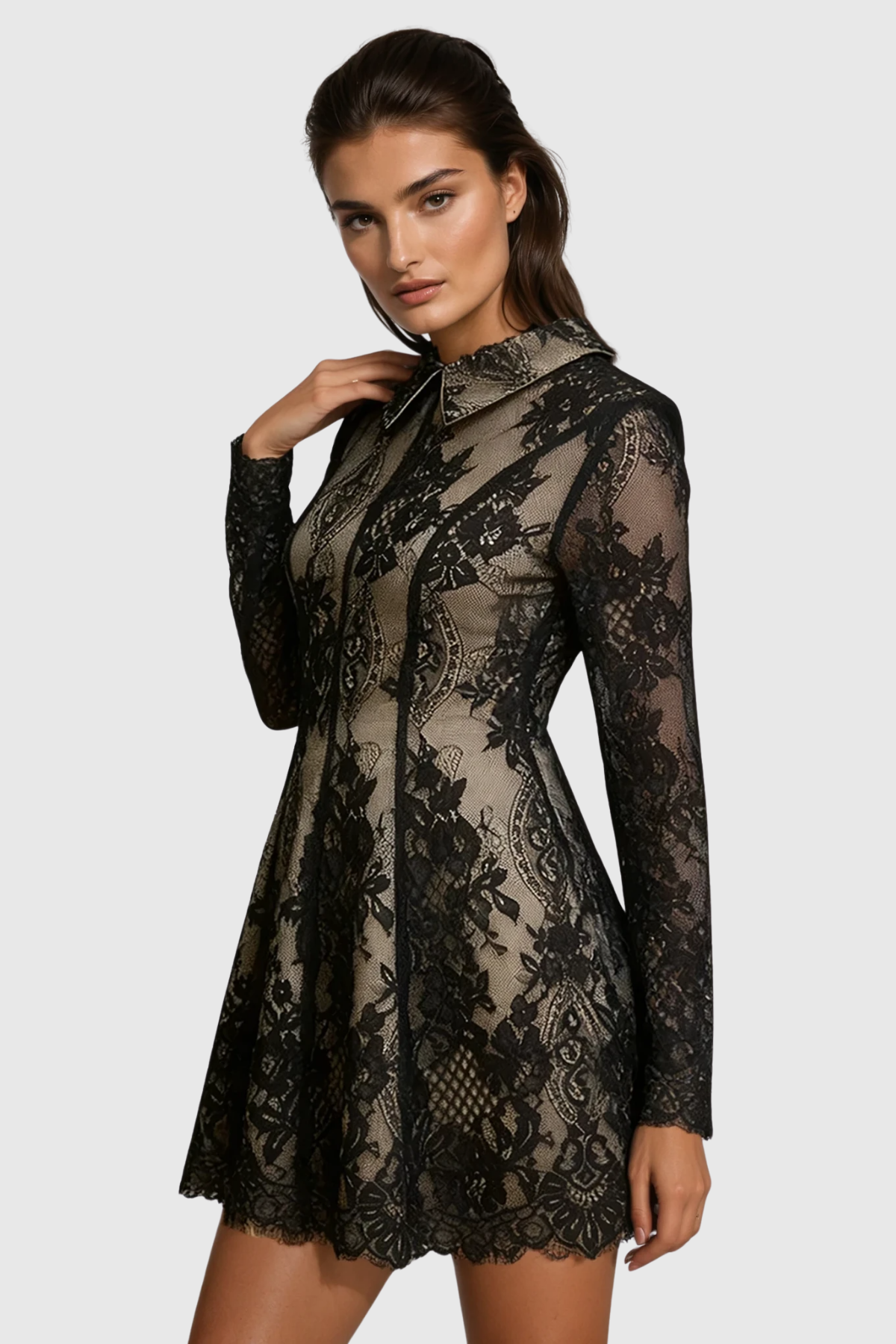 Fərəh Lapel Lace Mini Dress