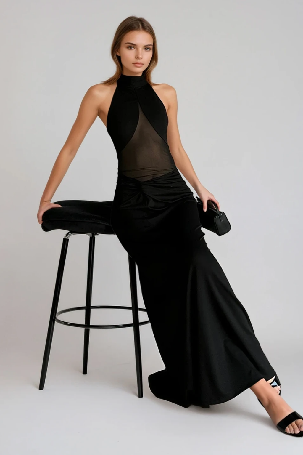 Fabijan Halter Neck Mesh Maxi Dress