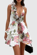 Faigel Flower Asymmetric Ruffle Mini Dress In White