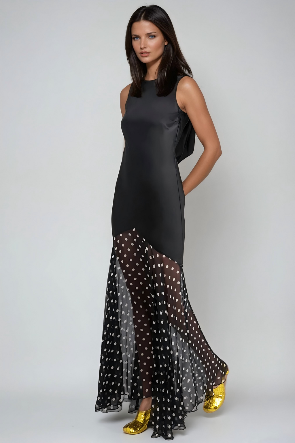 Faro Backless Dot Mesh Maxi Dress