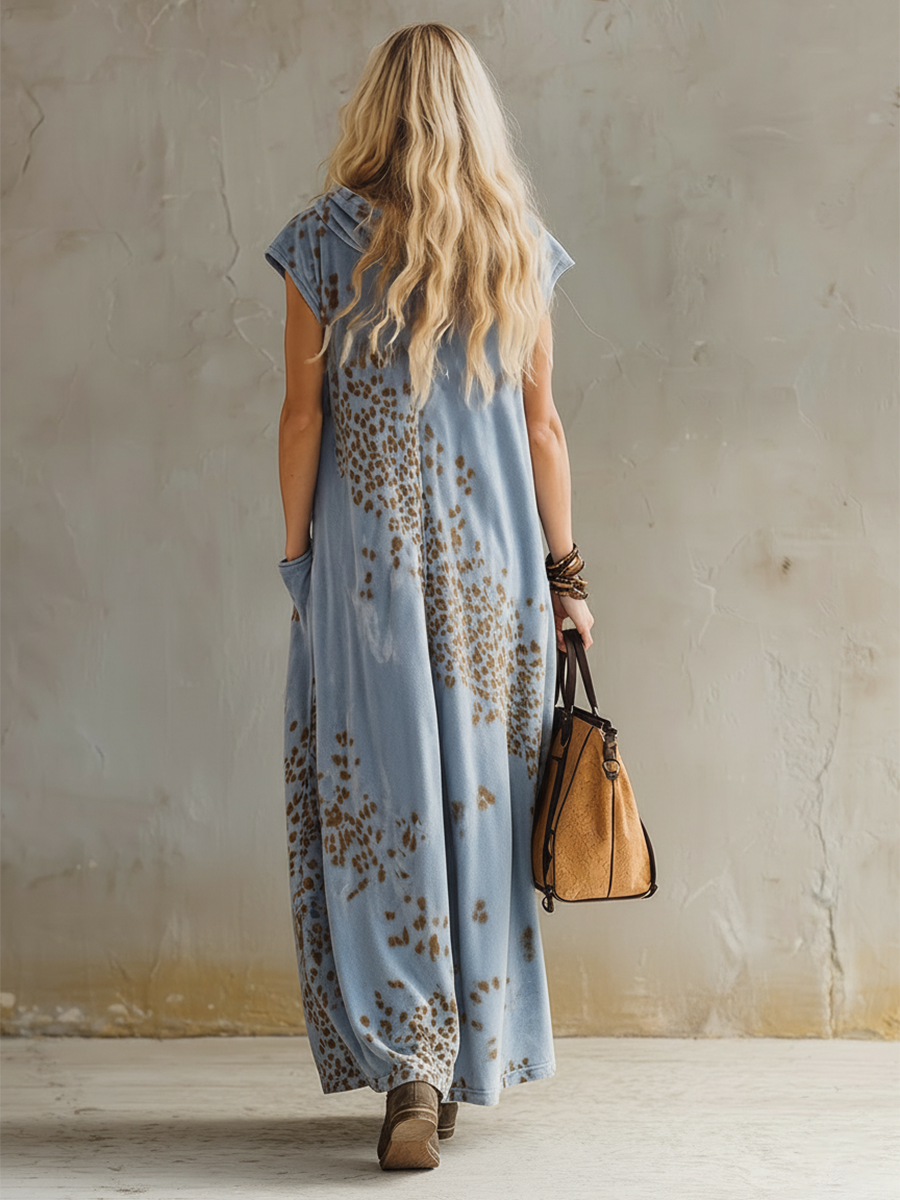 Stylish Urban Leopard Print Sky Blue Velvet Hooded Maxi Dress