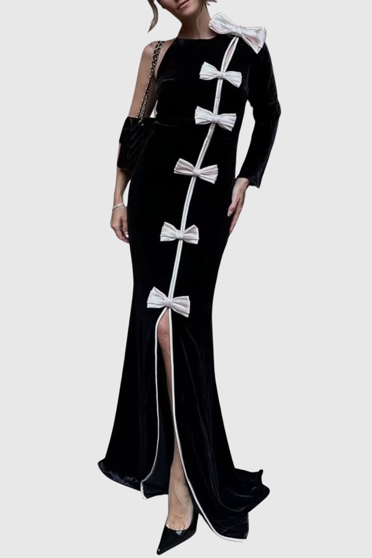 Genevia Bow One Shoulder Velvet Maxi Dress