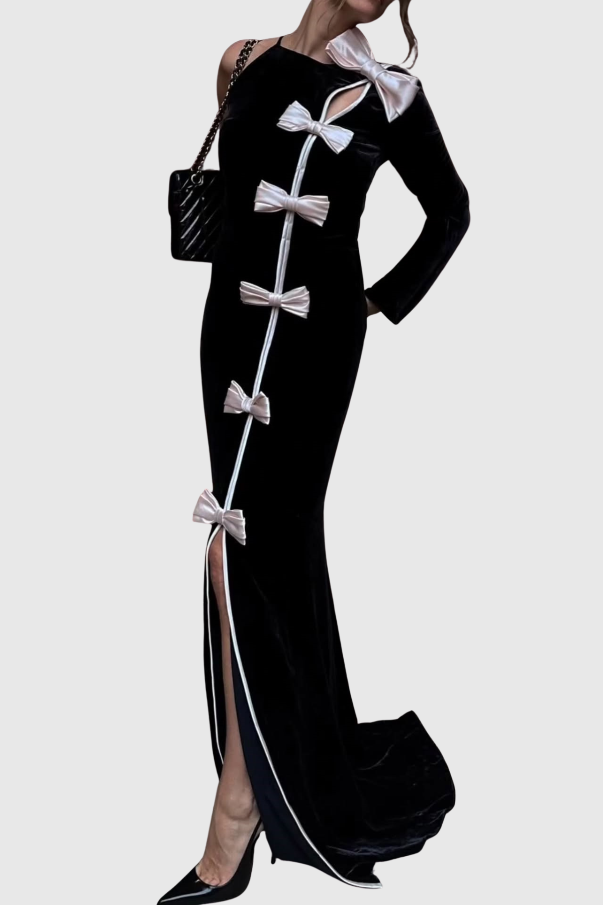 Genevia Bow One Shoulder Velvet Maxi Dress