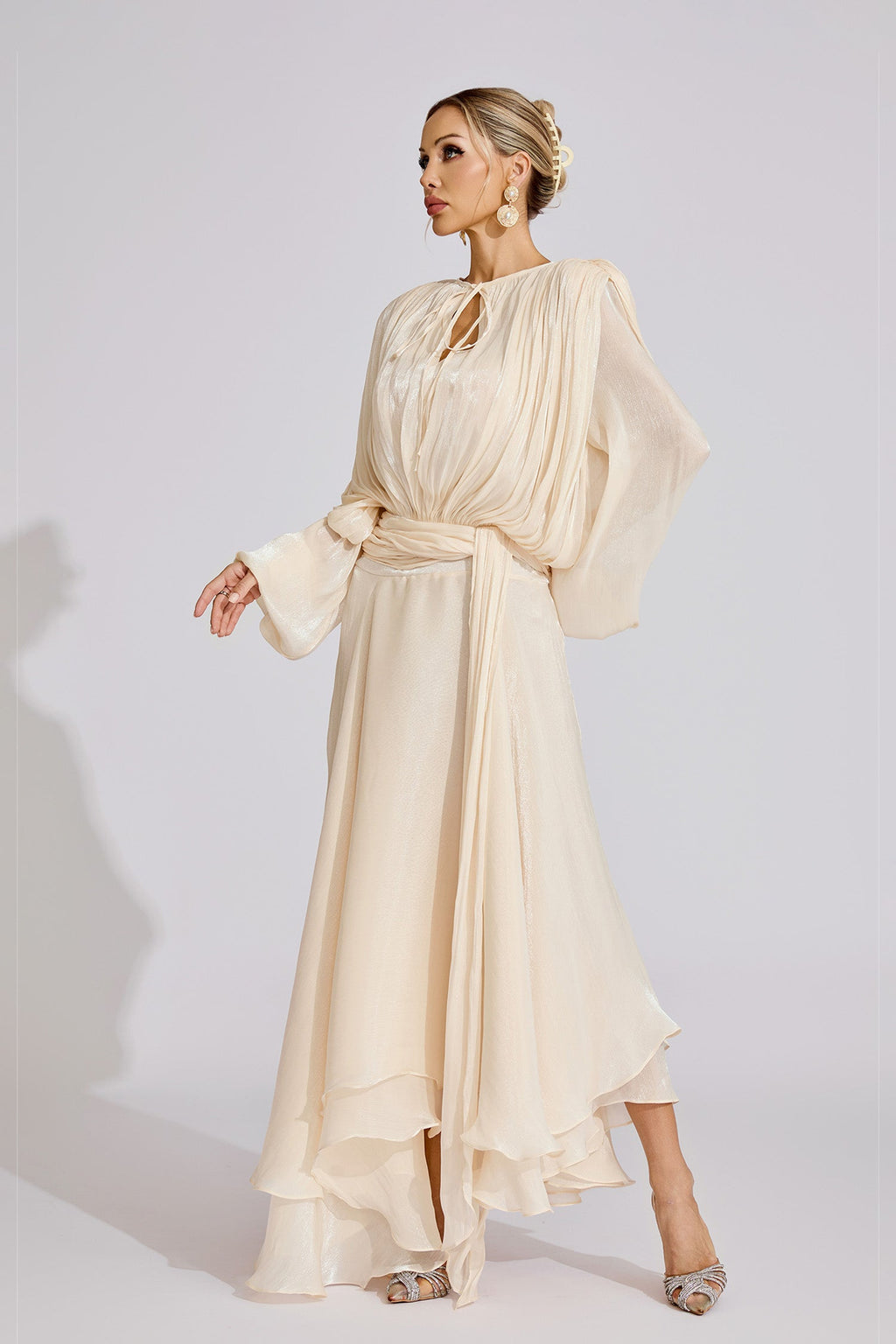 Gray Apricot Long Sleeve Maxi Dress