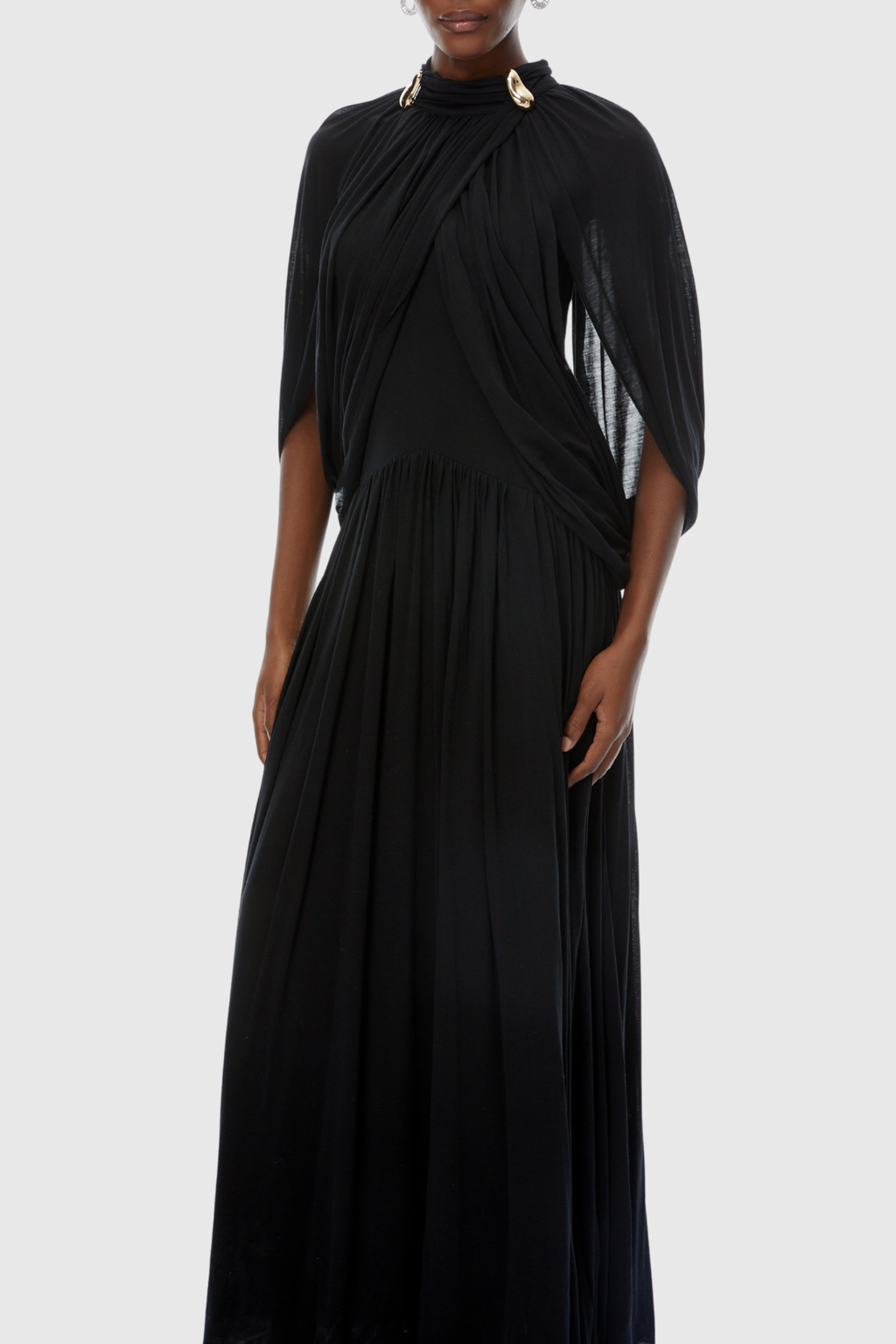 Hespia Ruched Cape Mesh Maxi Dress - Black