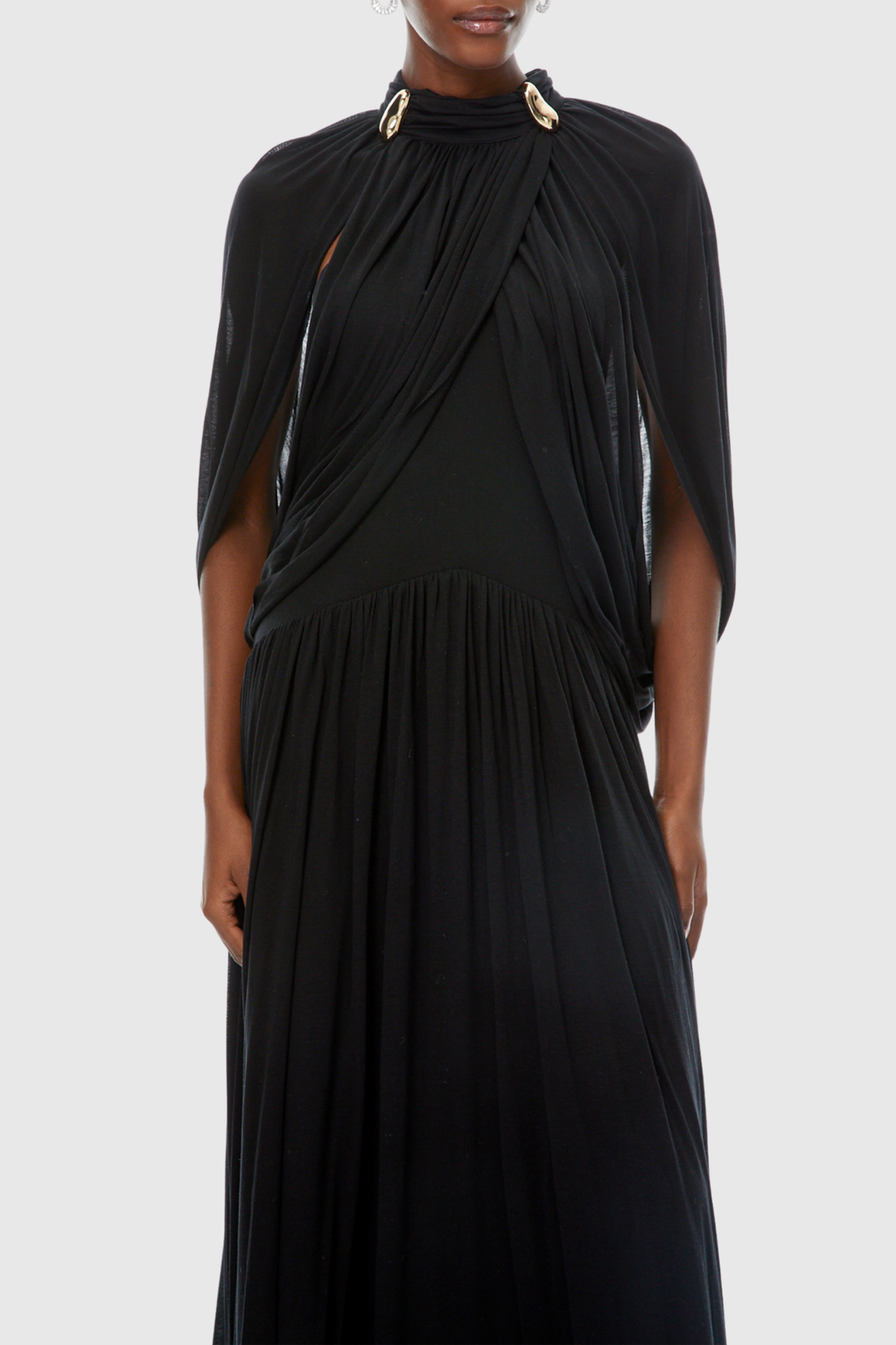 Hespia Ruched Cape Mesh Maxi Dress - Black