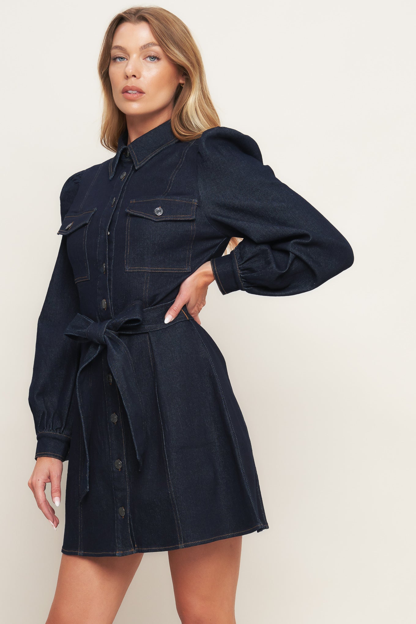 AUTUMN DAYS DARK INDIGO DENIM MINI DRESS - FINAL SALE