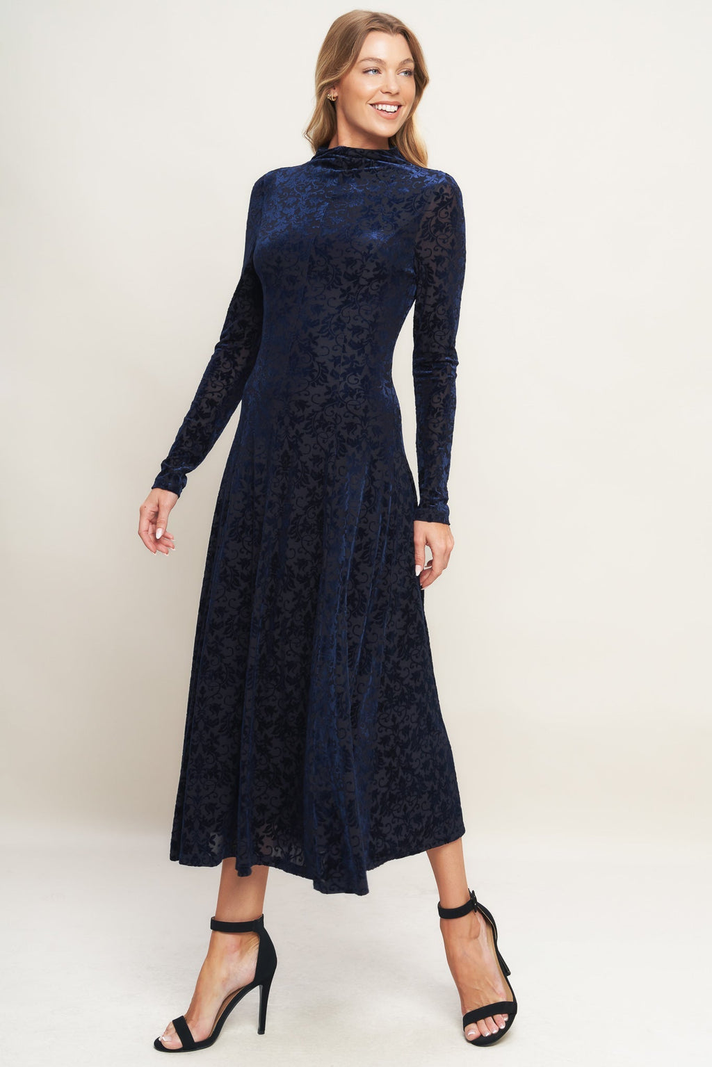 Size Small. VELVET GALAXY CHARM MIDI DRESS - NAVY - FINAL SALE