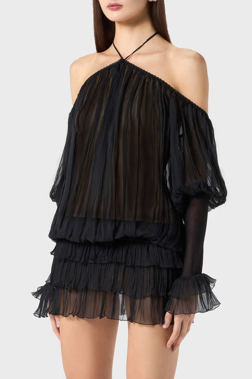 Inaki Halter Pleated Ruffle Mini Dress - Black