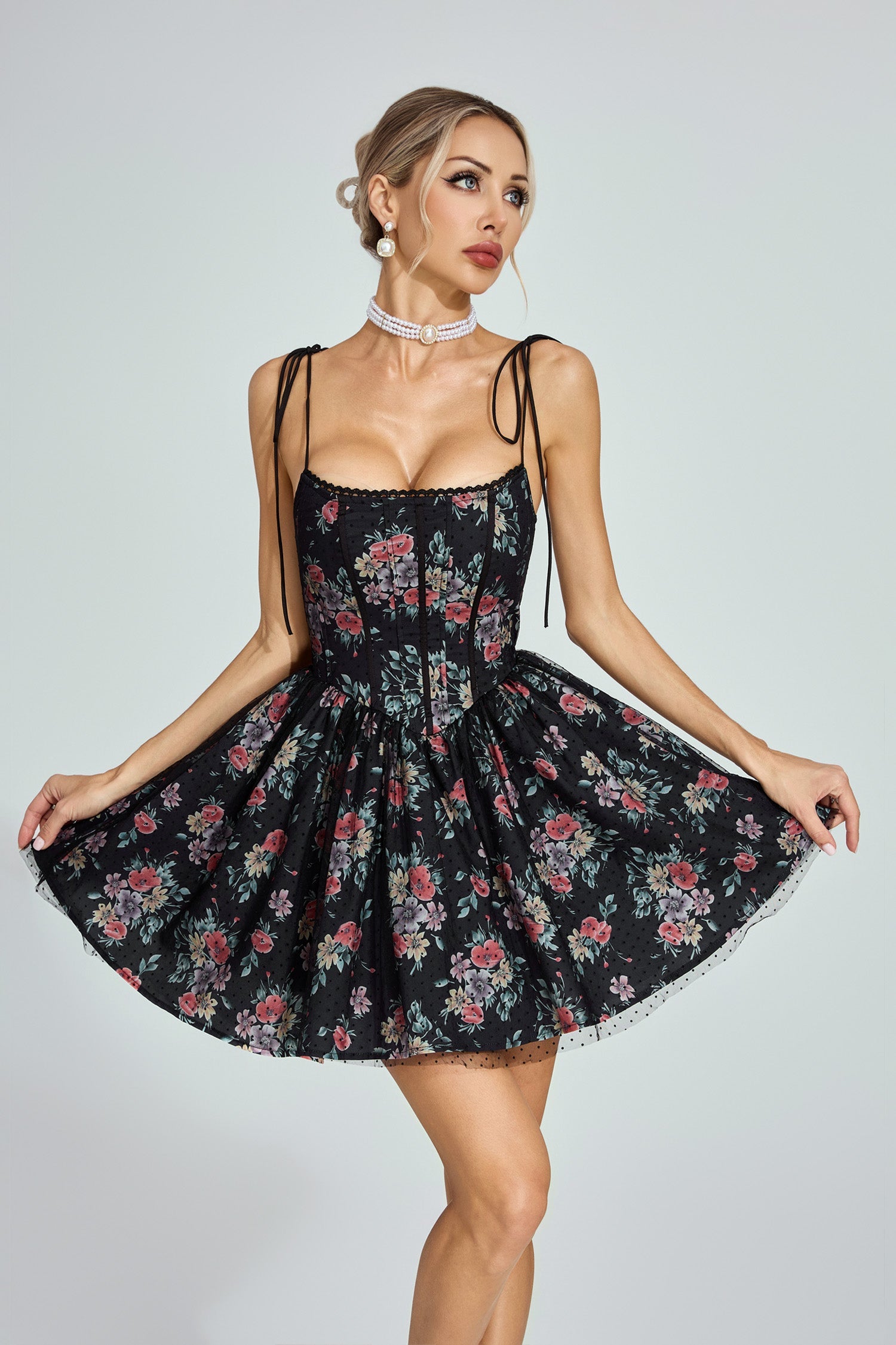 Johnson Black Floral Tulle Mini Dress