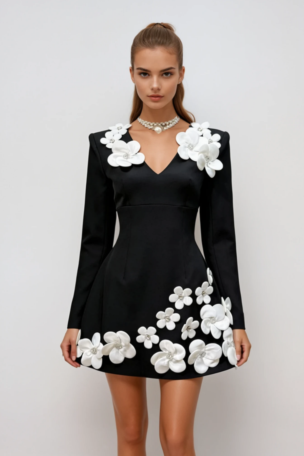 Kairo Floral Appliqué Long Sleeve Mini Dress