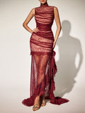 Kaldris High Neck Ruch Lace Maxi Dress