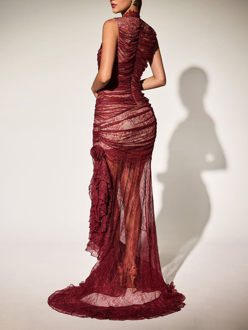 Kaldris High Neck Ruch Lace Maxi Dress