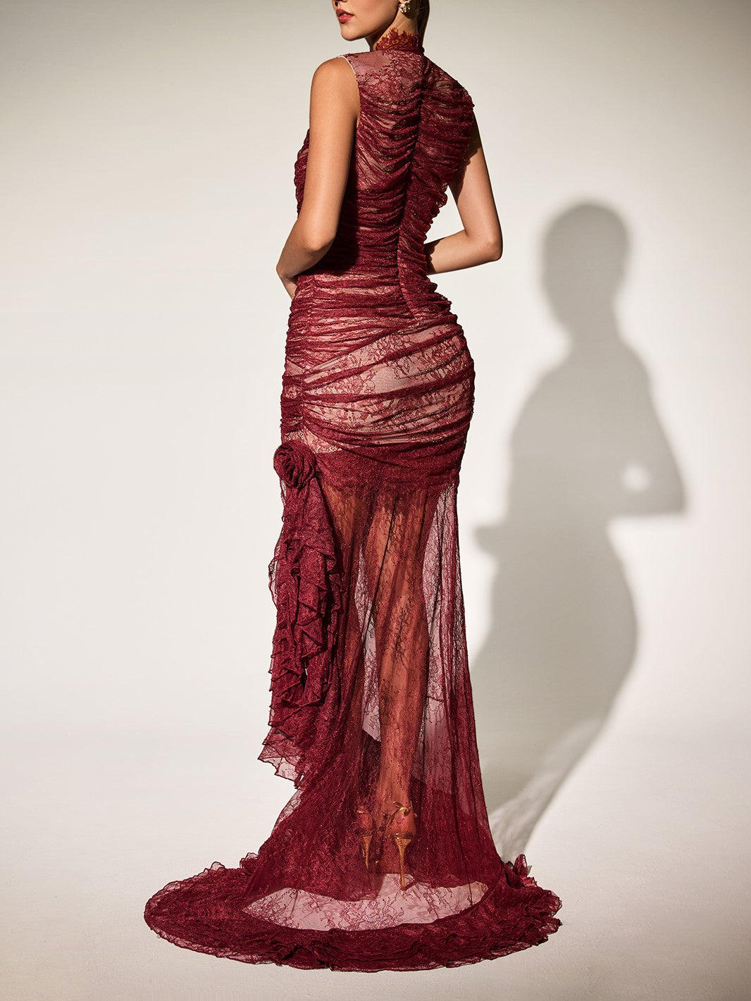 Kaldris High Neck Ruch Lace Maxi Dress