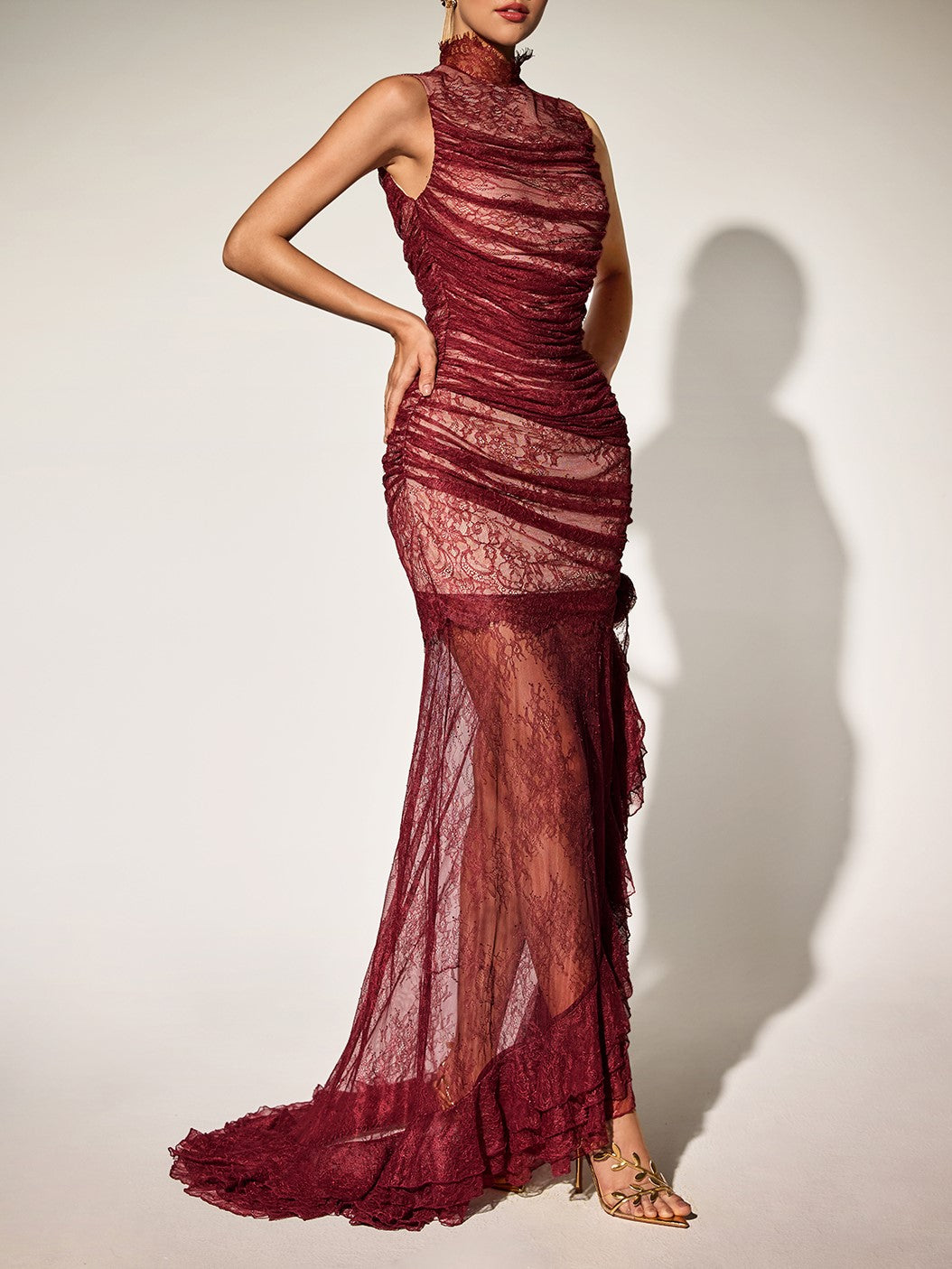 Kaldris High Neck Ruch Lace Maxi Dress