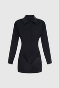 Kretska Cinched-waist Pleated Mini Shirt Dress -Black