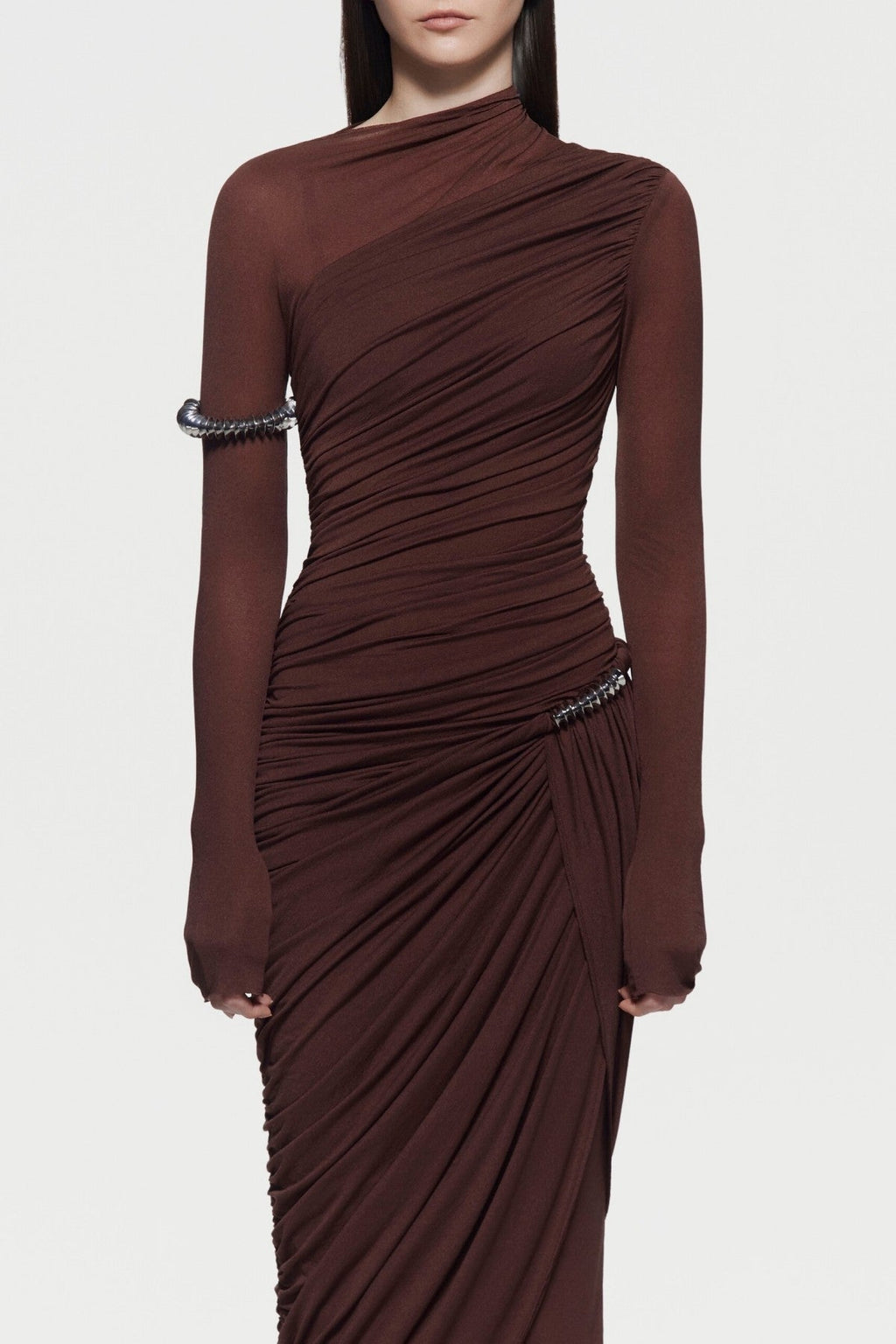 Kylian Asymmetric Ruched Maxi Dress - Brown