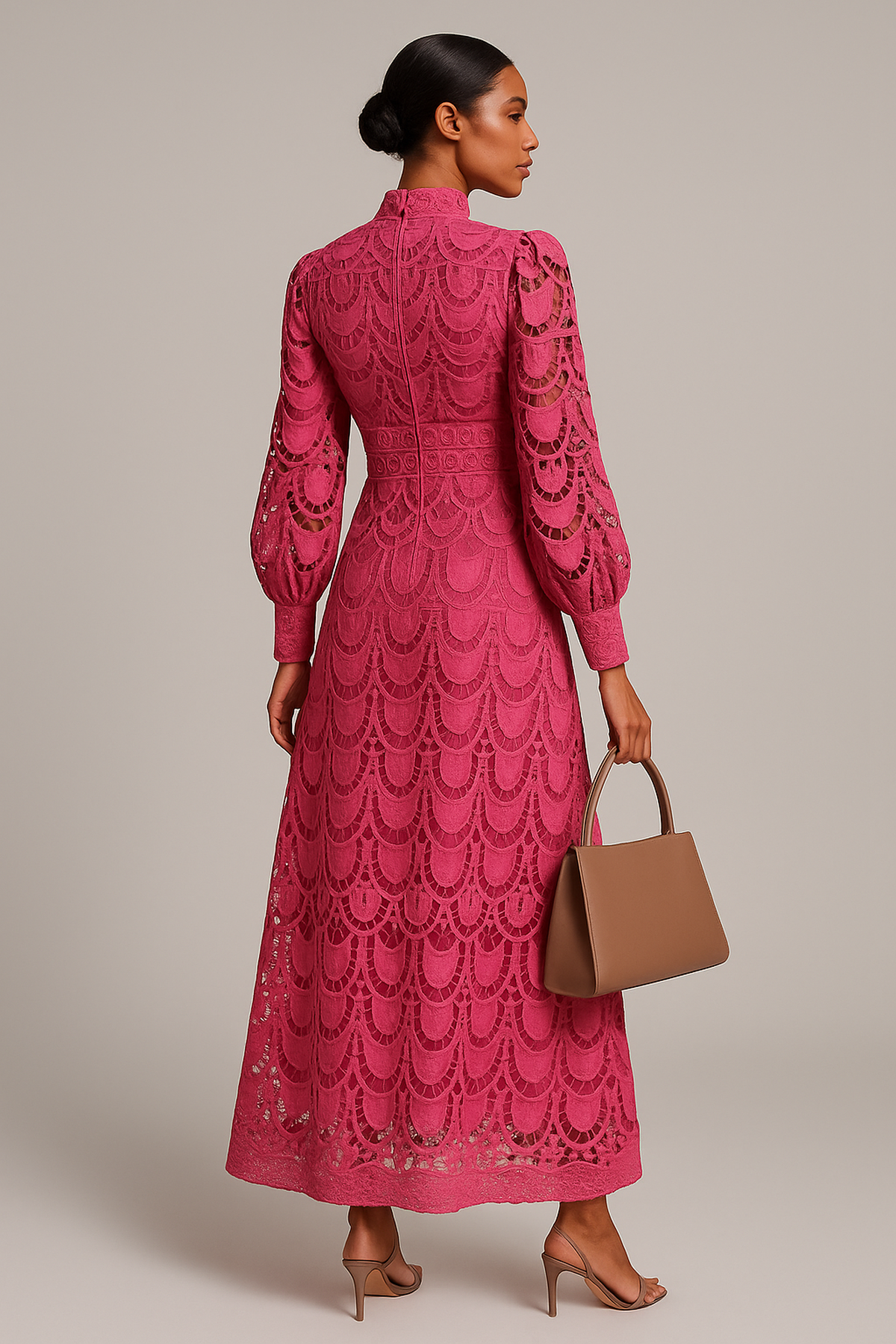 Atelier Lace Embroidered Maxi Dress | High Collar | Lantern Sleeve