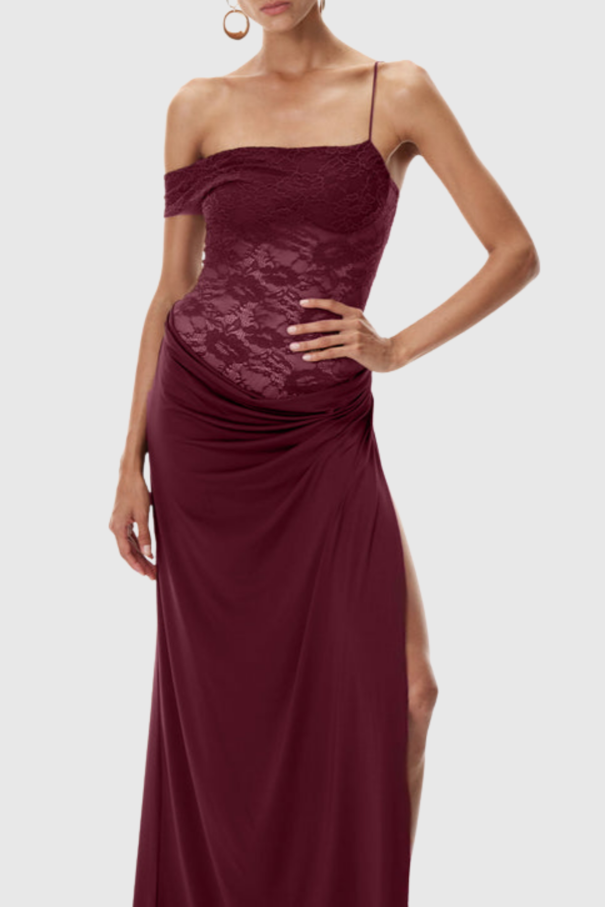 Leroy Lace Panel  Asymmetric Maxi Dress - Wine