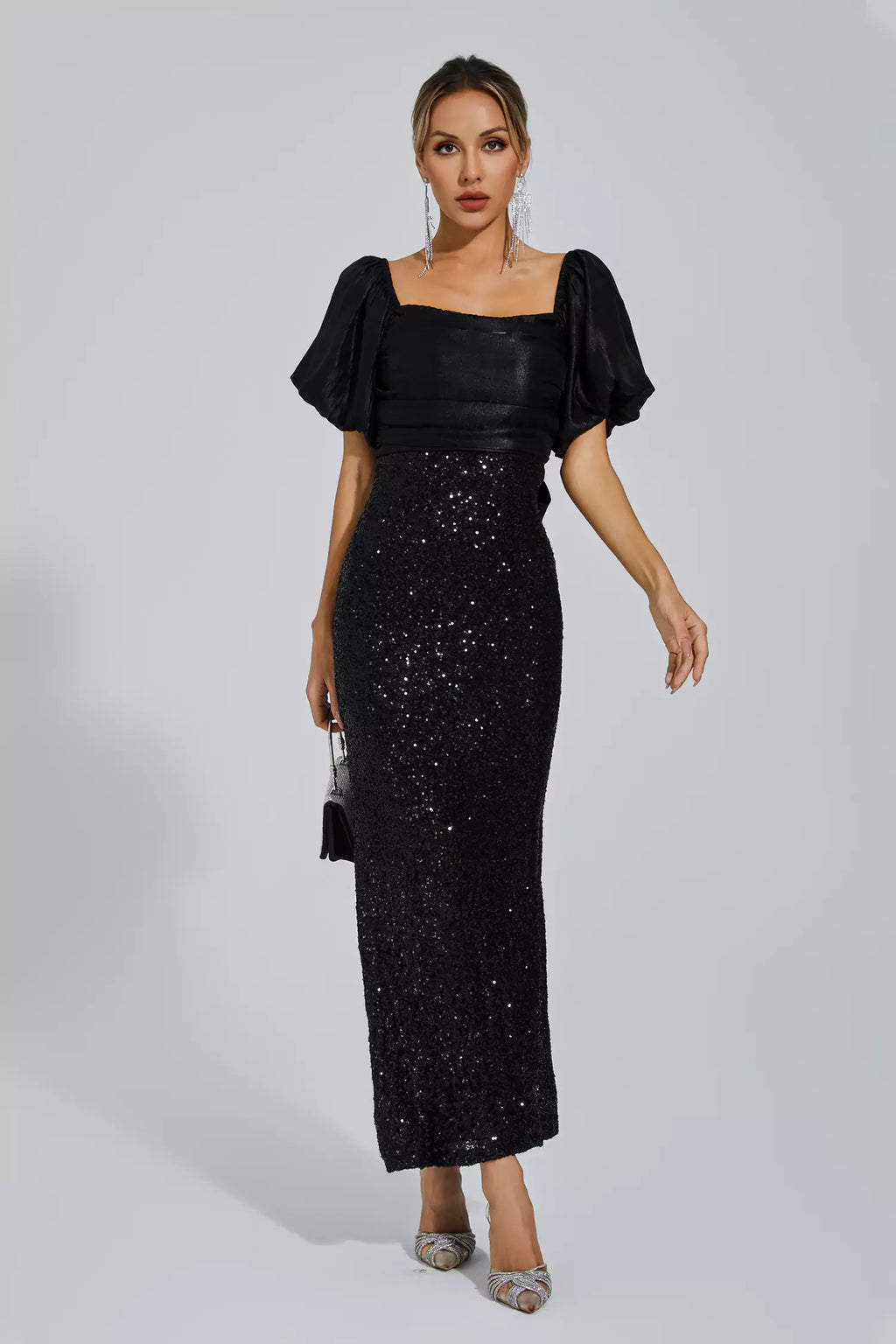 Linda Black Bow Sequins Maxi Dress