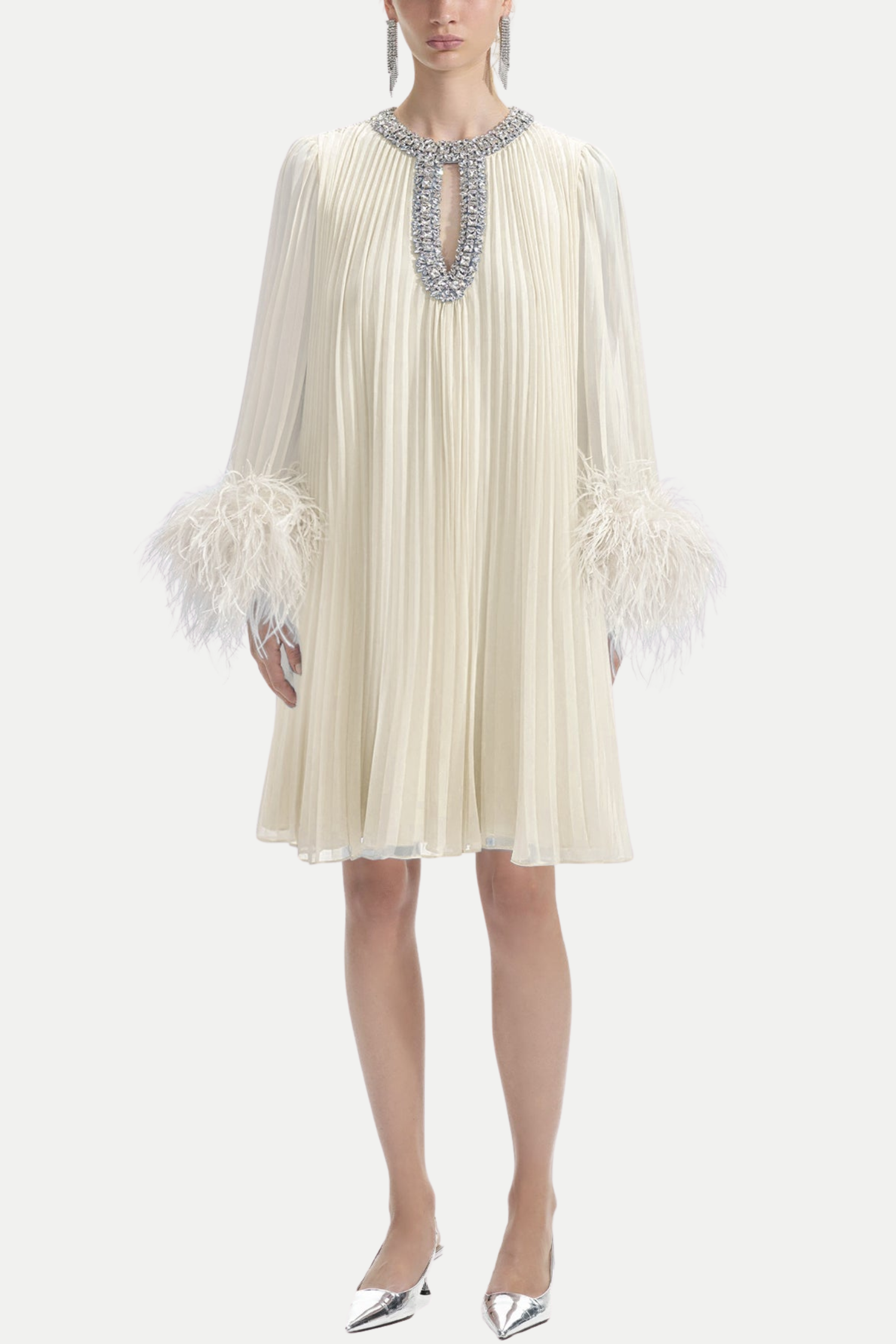 Manja Diamante Chiffon Feather Mini Dress - White