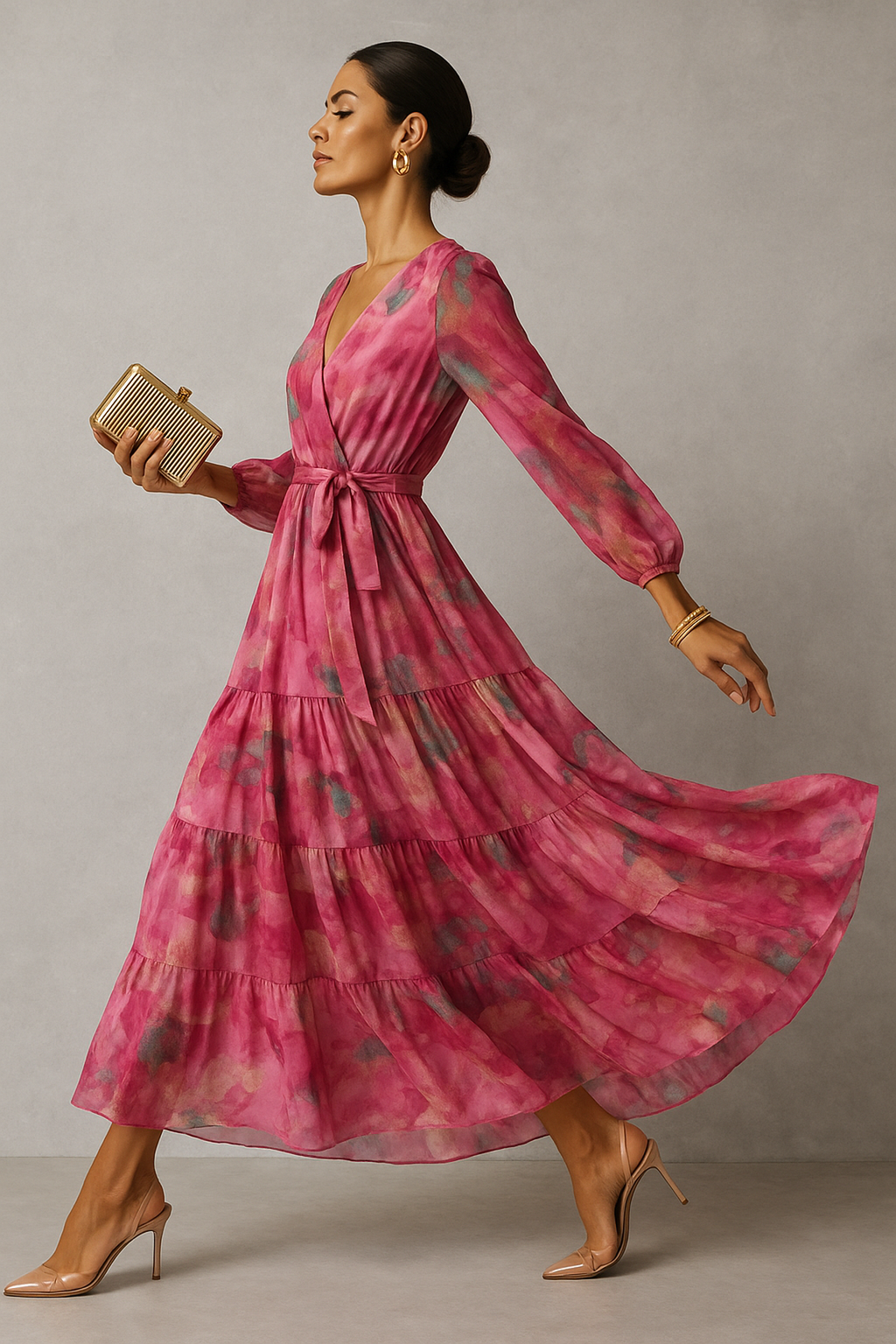 Aurora Printed V-Neck Maxi Dress | Long Sleeve | Self-Tie Waist