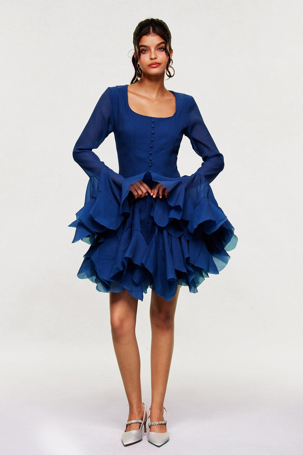 McCarthy Mesh Ruffle Mini Dress In Navy