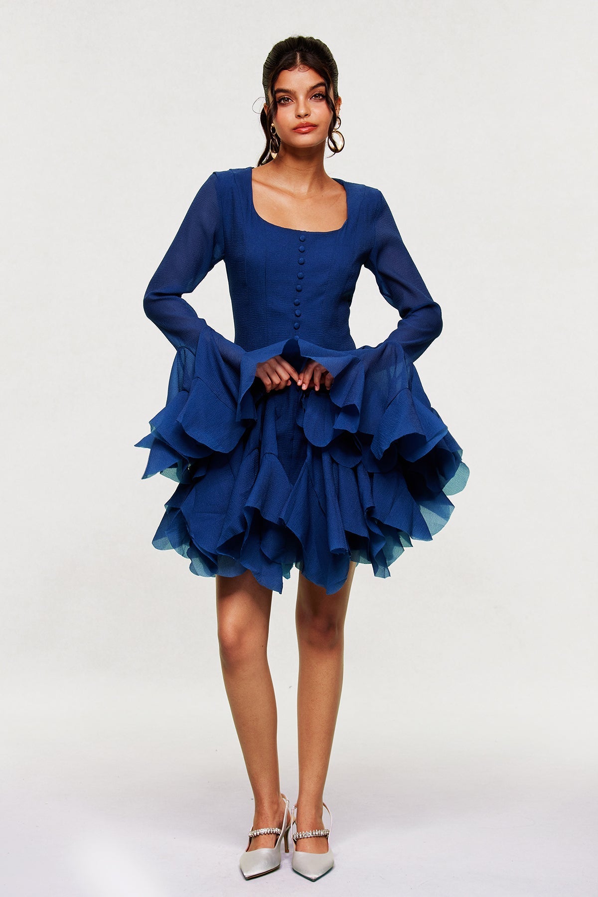 McCarthy Mesh Ruffle Mini Dress In Navy