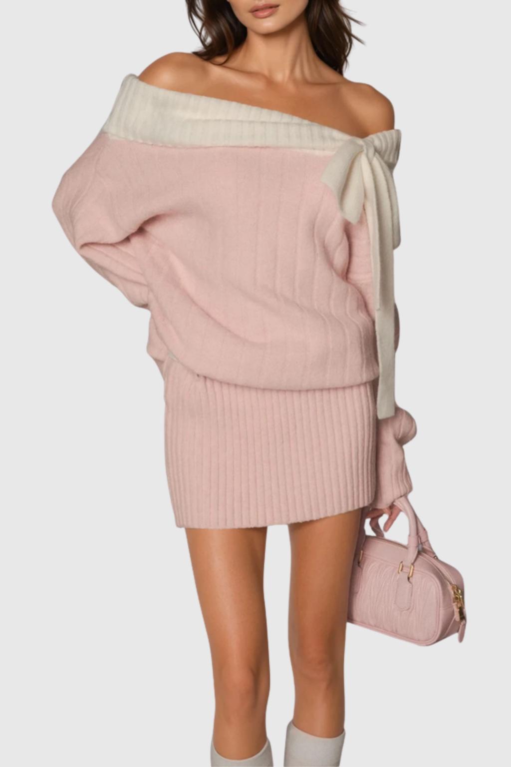 Misael Off Shoulder Bow Knit Mini Dress - Pink