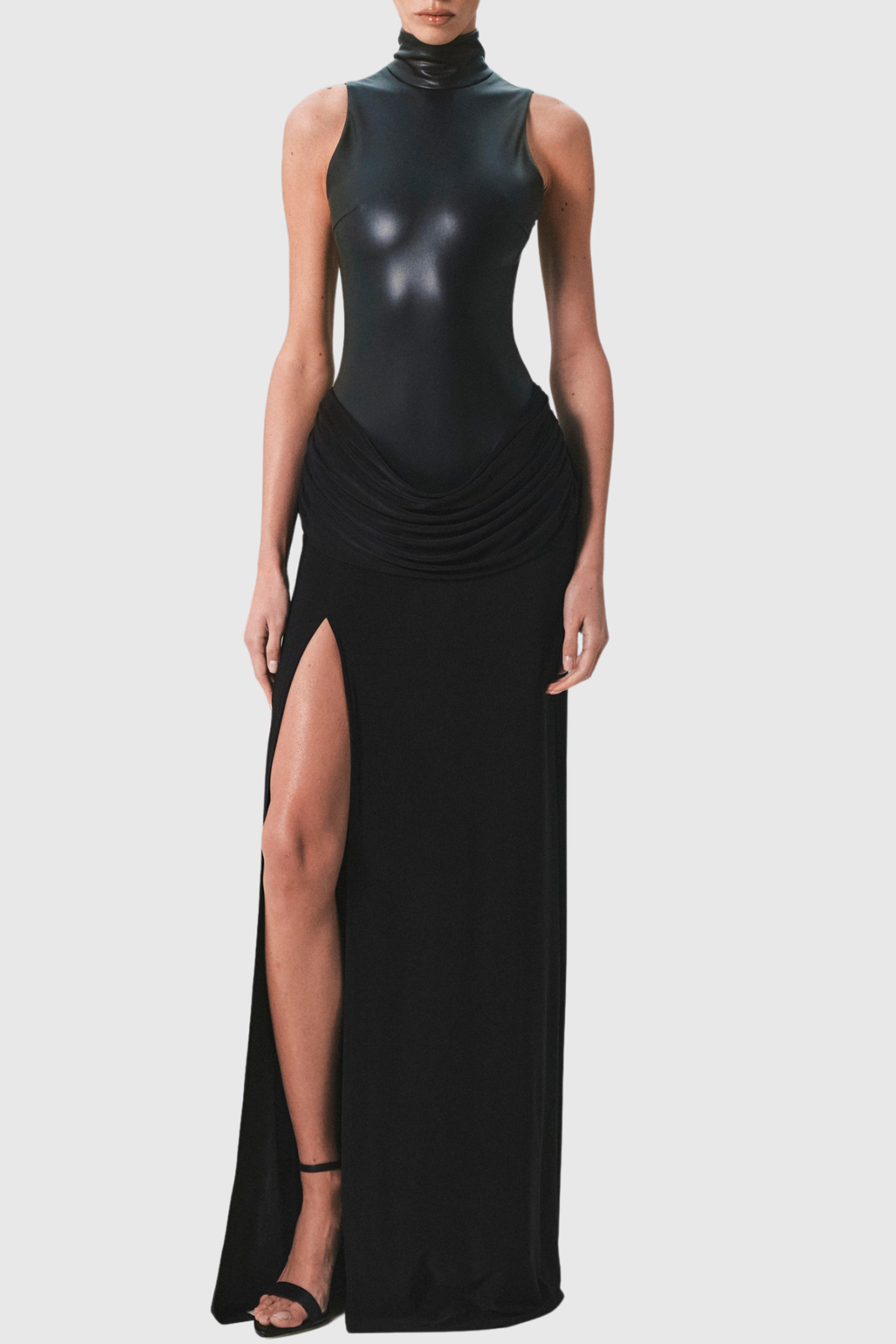 Mossa Sleeveless Leather Ruched Maxi Dress