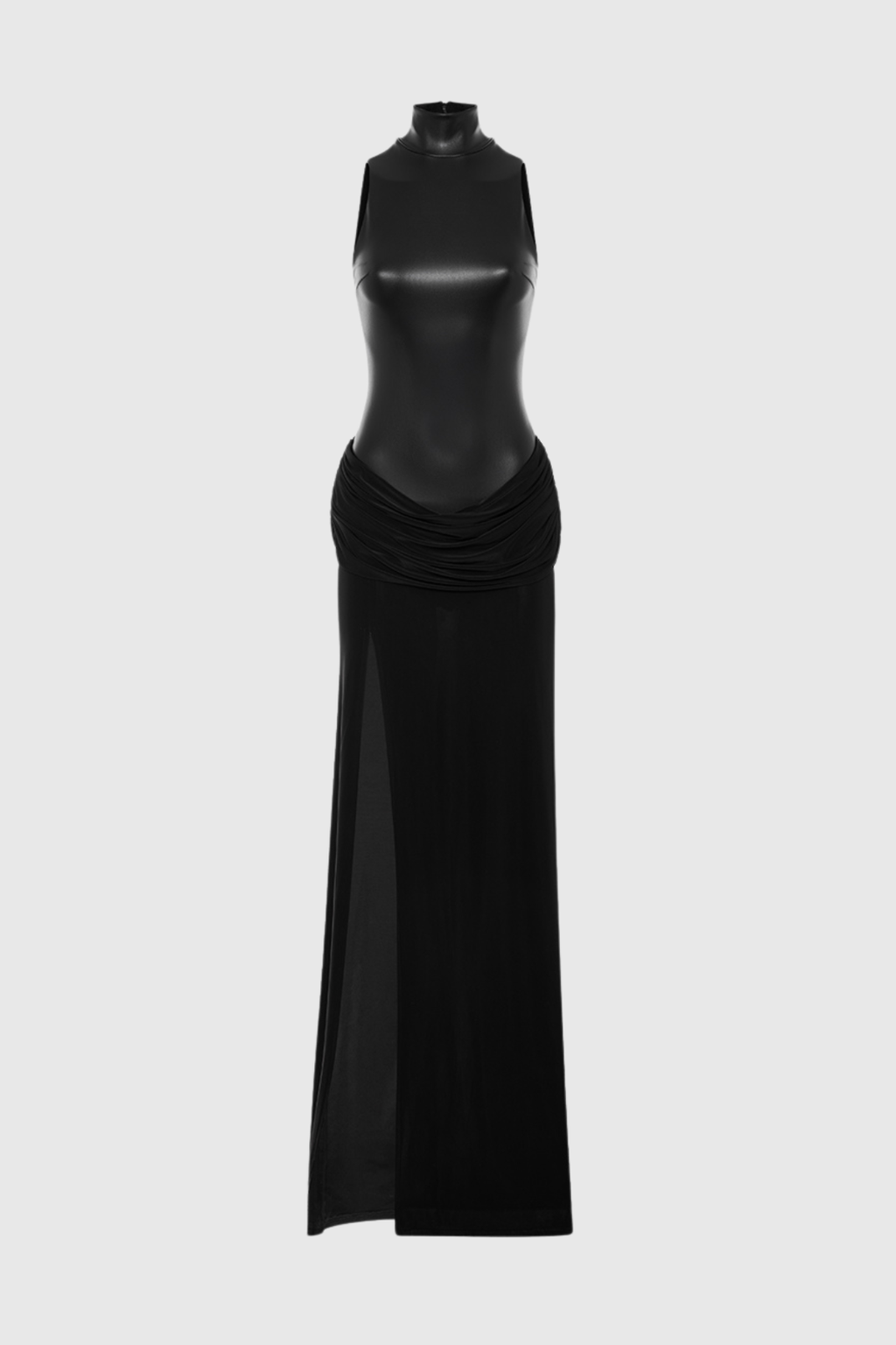 Mossa Sleeveless Leather Ruched Maxi Dress