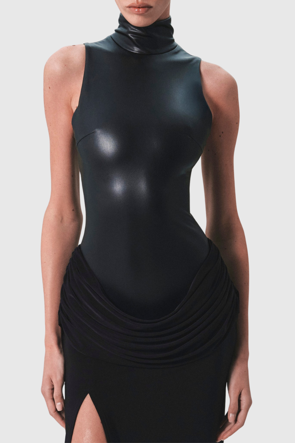 Mossa Sleeveless Leather Ruched Maxi Dress