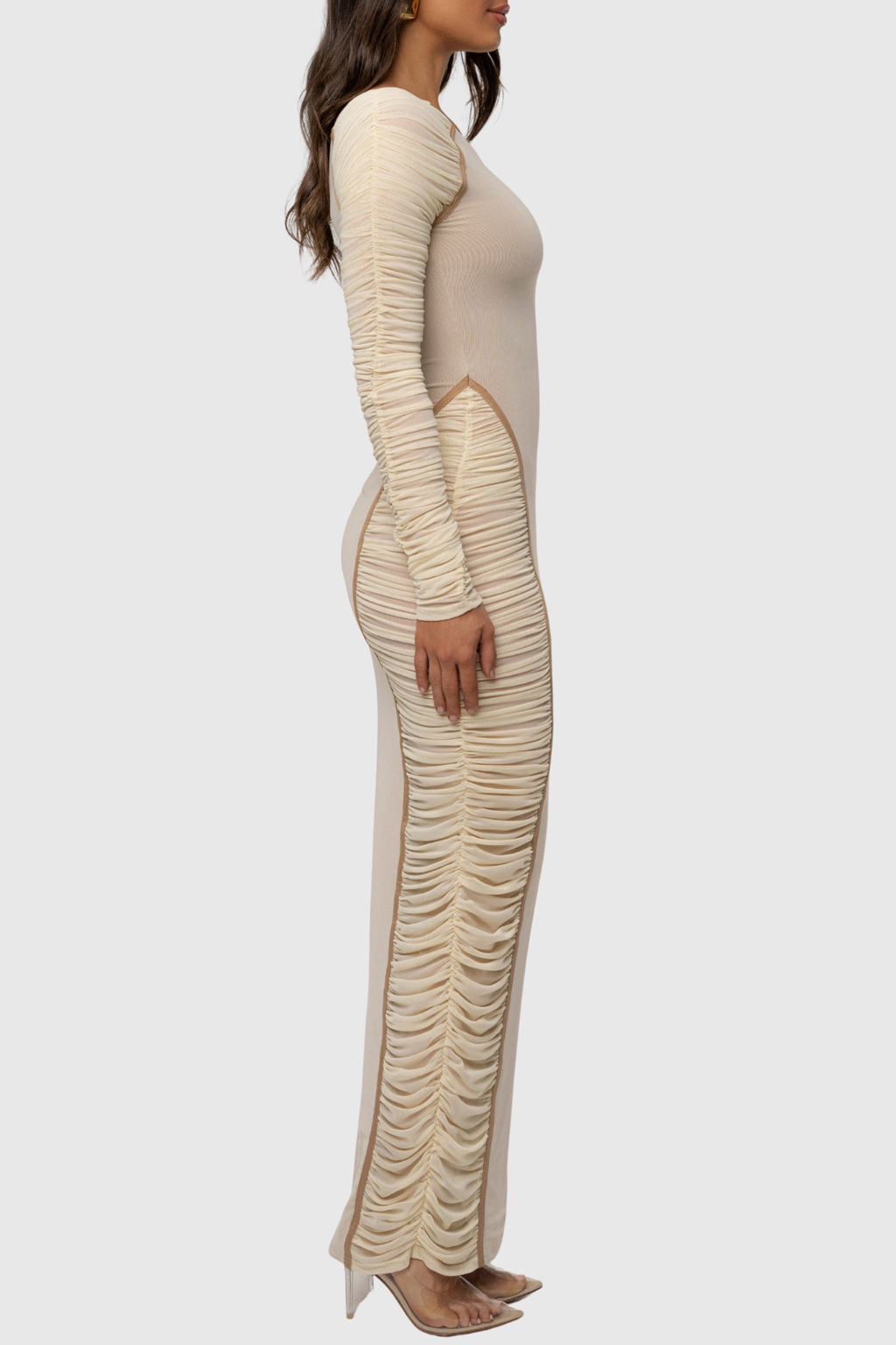 Naneta One Shoulder Ruched Maxi Dress - Beige