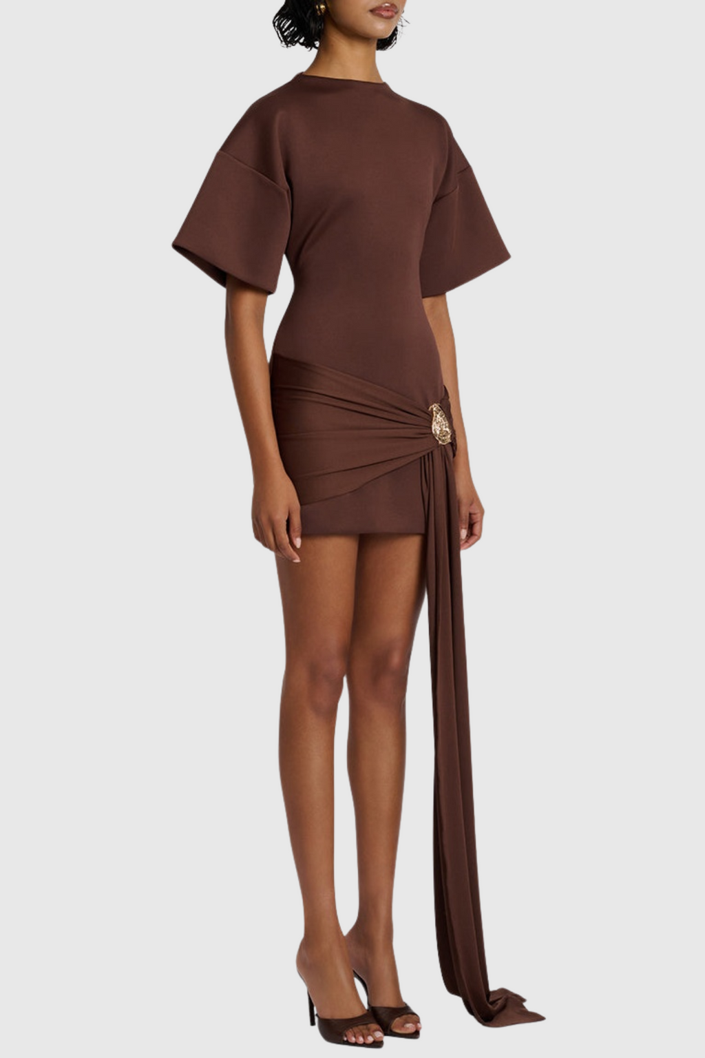 Natalja Draped Embellished Mini Dress - Brown