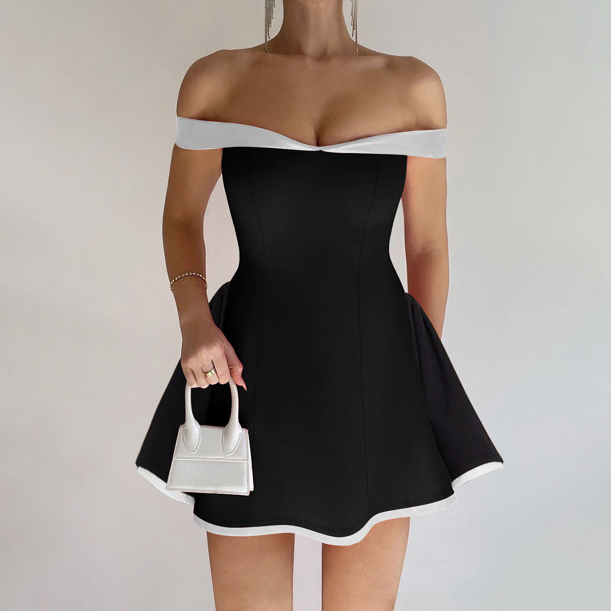 Spring Color-Blocking Design Strapless  Figure-Hugging Ruffled Dress