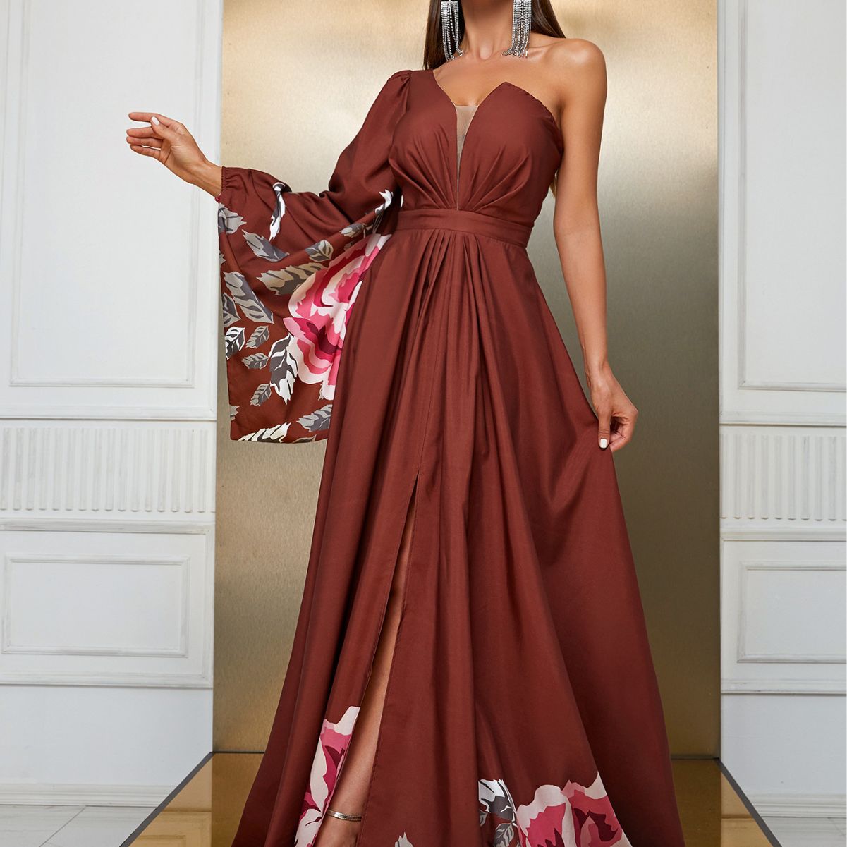 Design Maxi Dress Chiffon Single Sleeve Maxi Dress Split Print Dress