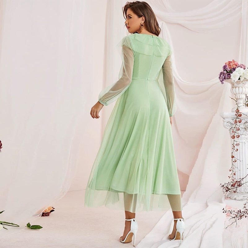 Lace Mesh Maxi Dress round Neck High Waist Voile A line Dress